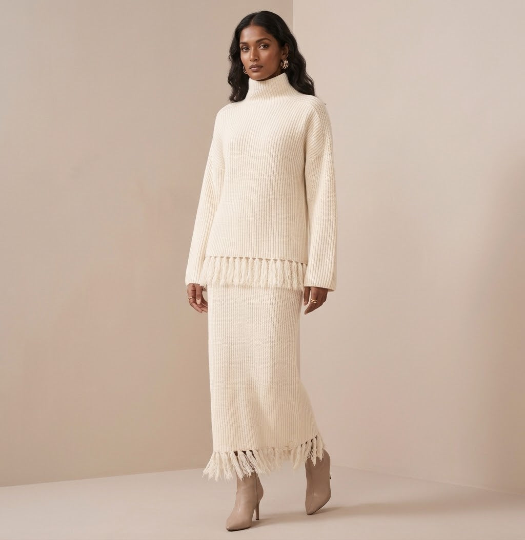 The Vienna Fringe Trimmed Rib-Knit Sweater & Maxi Skirt Set