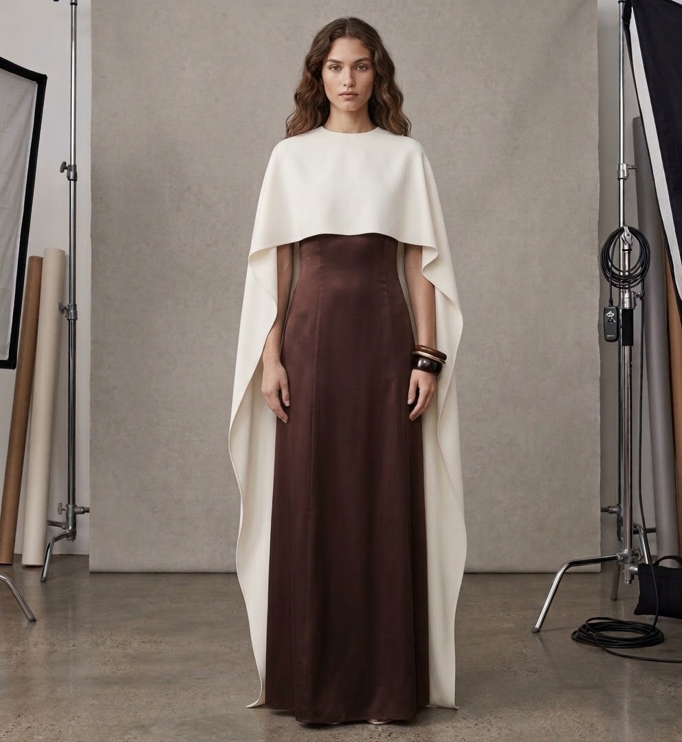 Two-Tone Column Maxi Dress with Draped Cape Overlay