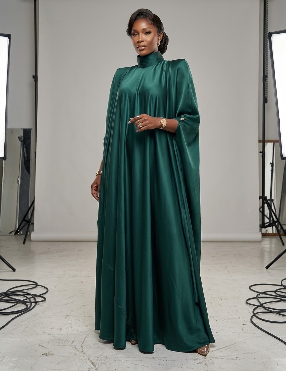 High-Neck Satin Pleated Kaftan Maxi Dress