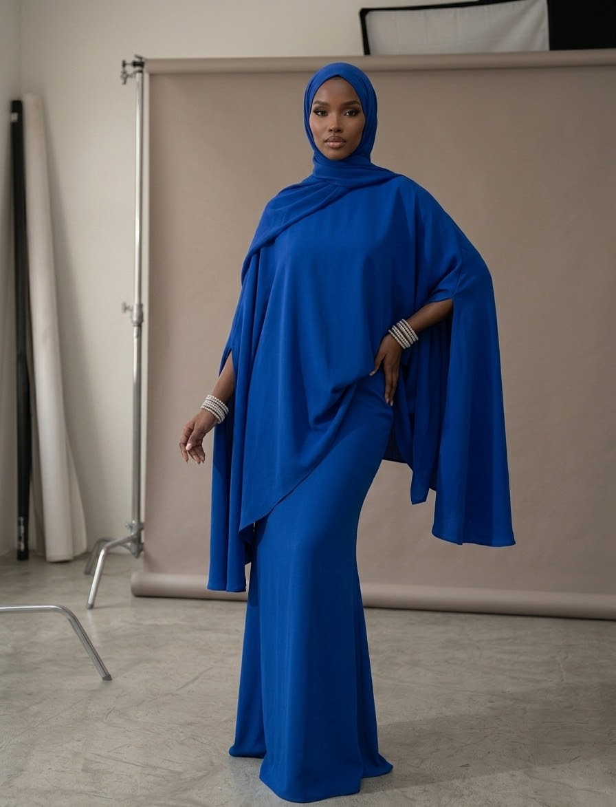 Stand-Collar Cape Top & Skirt Set with Chiffon Hijab