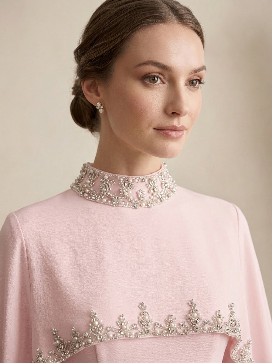Embellished High-Neck Capelet Maxi Gown