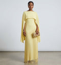Asymmetric Pleated Cape Maxi Dress with Fringe Hem