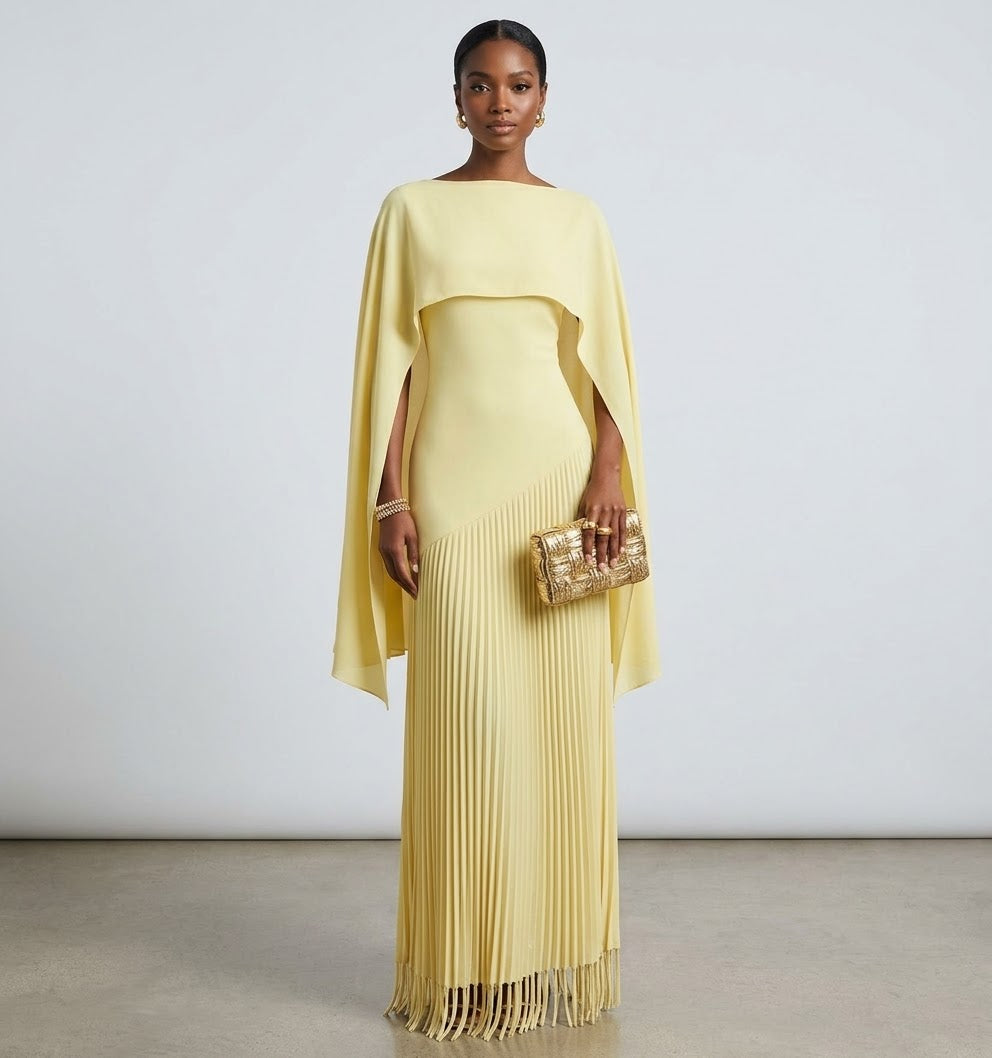 Asymmetric Pleated Cape Maxi Dress with Fringe Hem