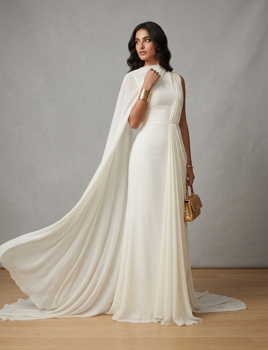 Draped High-Neck Sleeveless Gown with Flowing Cape Train