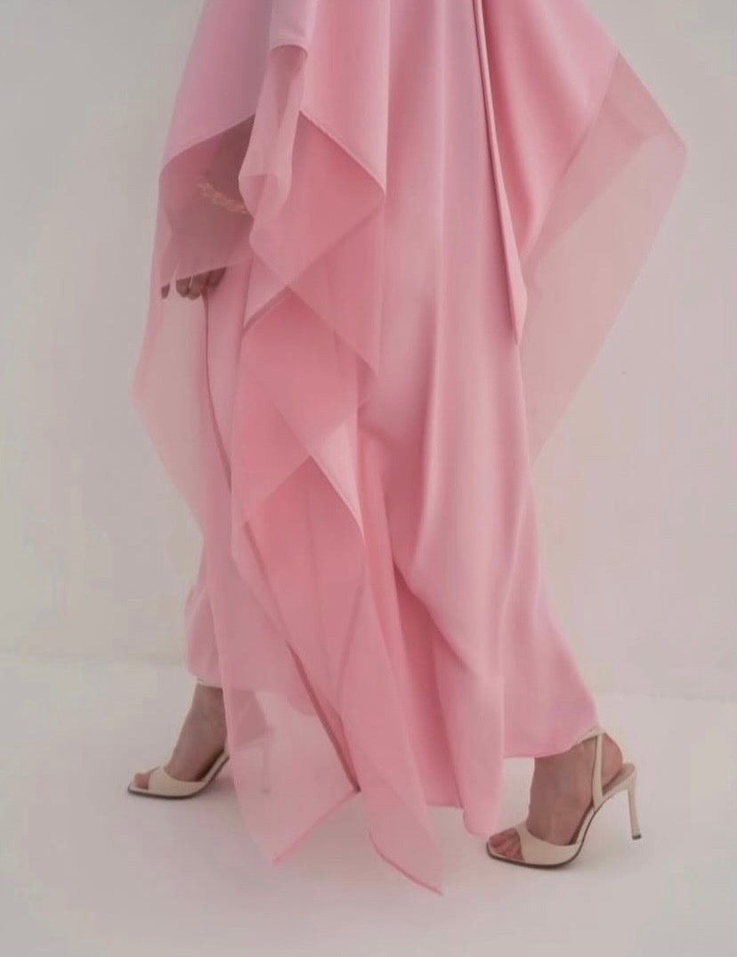 High-Neck Organza-Trimmed Kaftan Abaya Gown