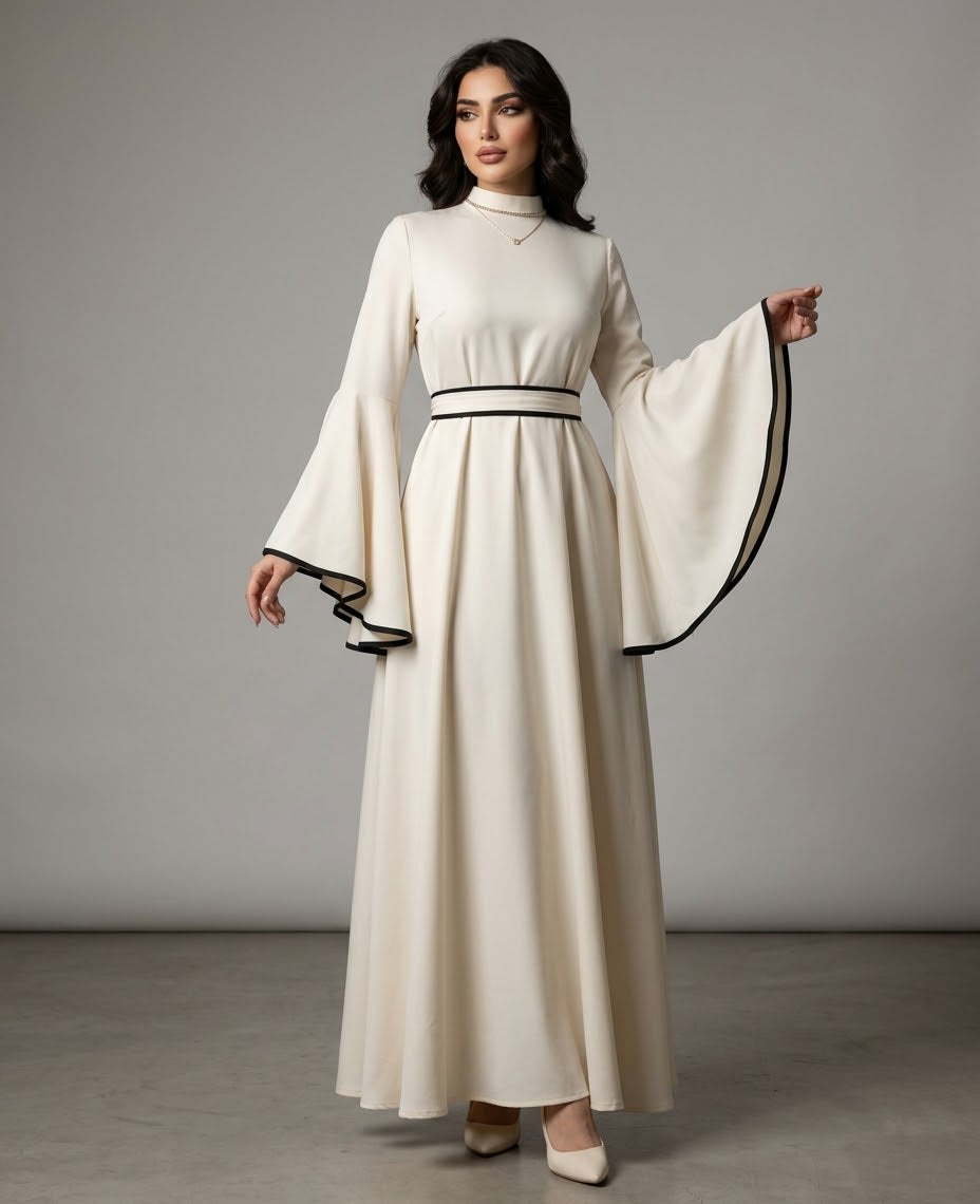 The Talia Contrast-Trimmed Bell Sleeve Abaya Gown