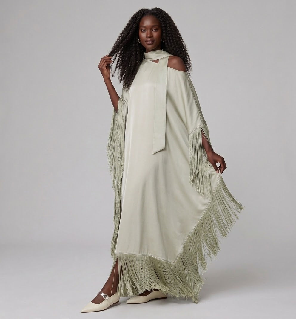 The Zahra Satin Cold-Shoulder Fringe Kaftan