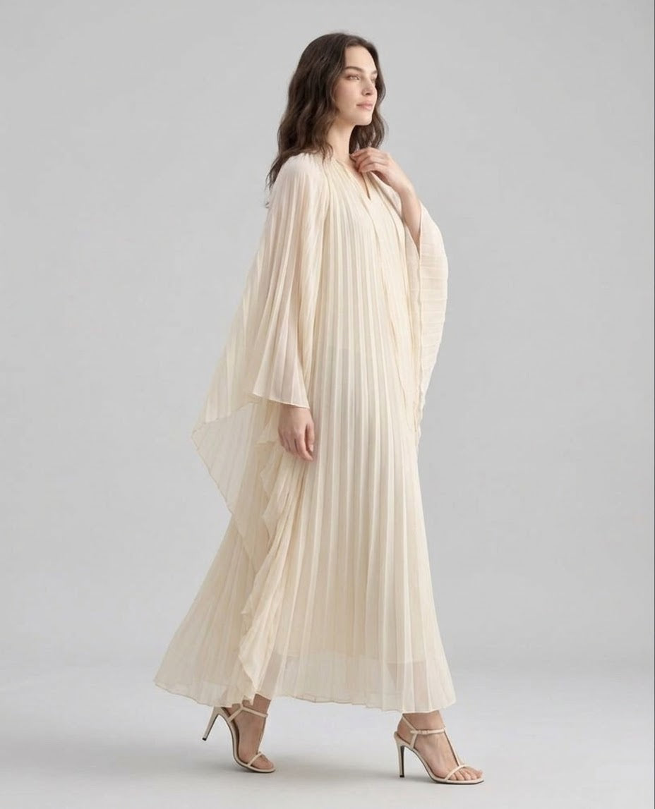 Pleated Plunge V-Neck Kaftan Maxi Dress with Cape Sleeves