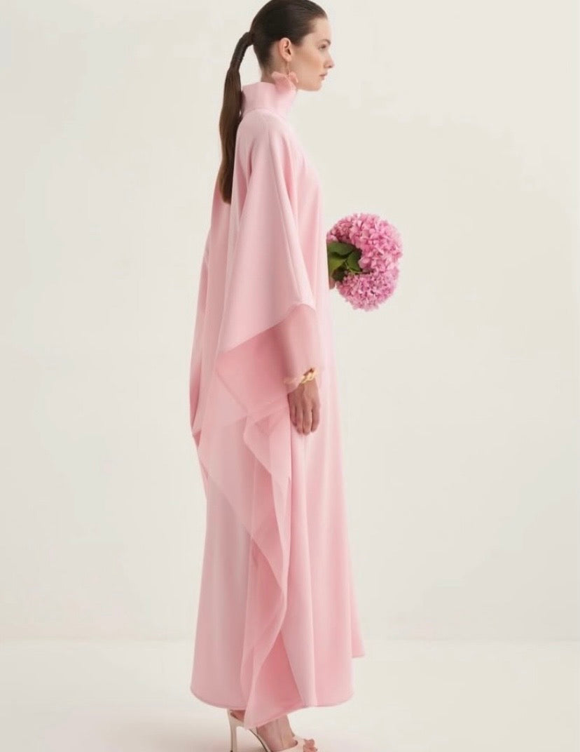 High-Neck Organza-Trimmed Kaftan Abaya Gown