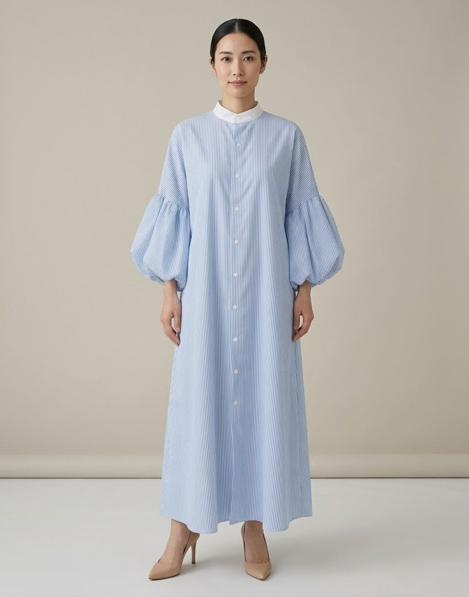 Striped Cotton Balloon-Sleeve Maxi Shirt Abaya