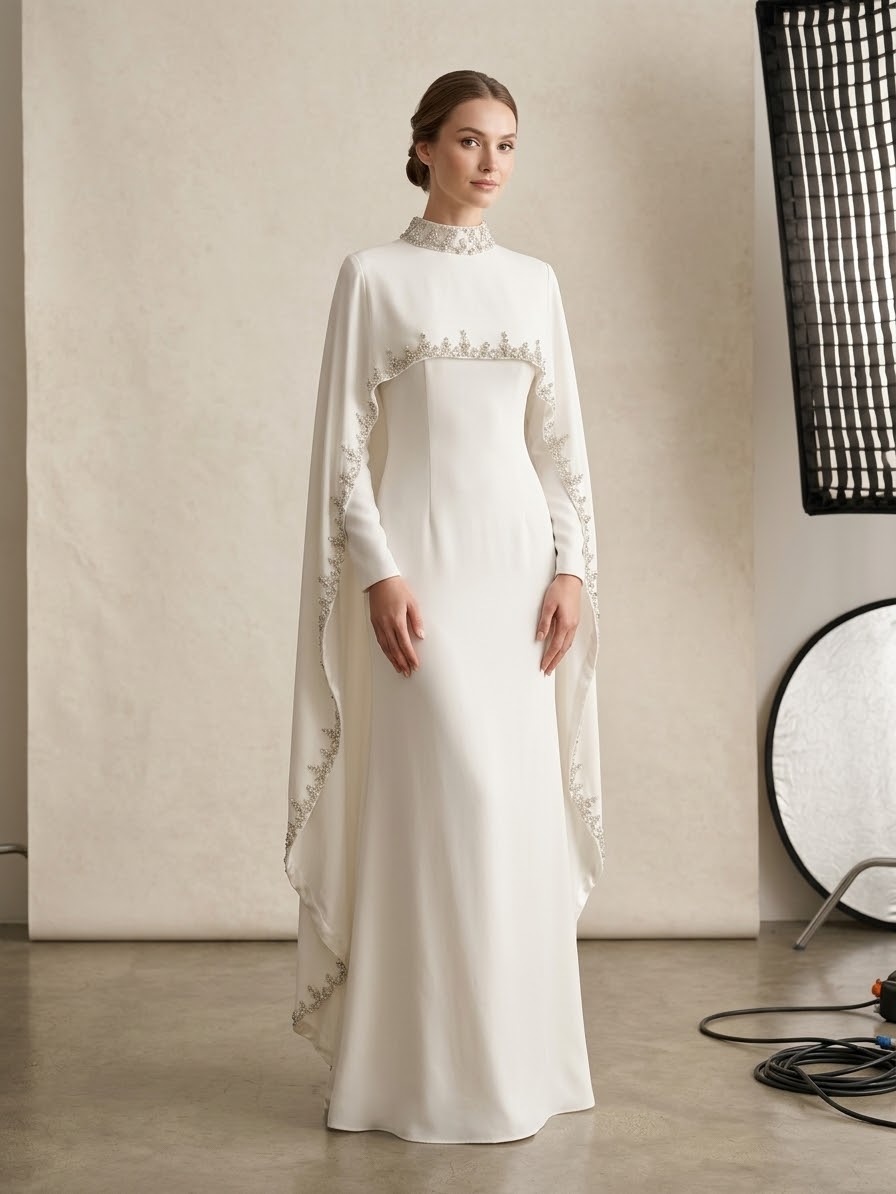 Embellished Cape High-Neck Bridal Gown