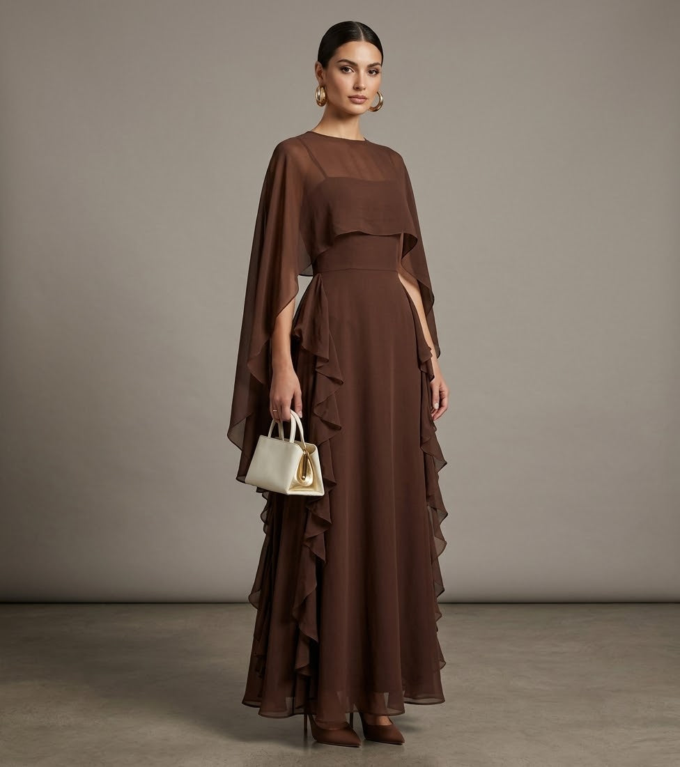The Farah Cascading Ruffled Cape Chiffon Maxi Gown