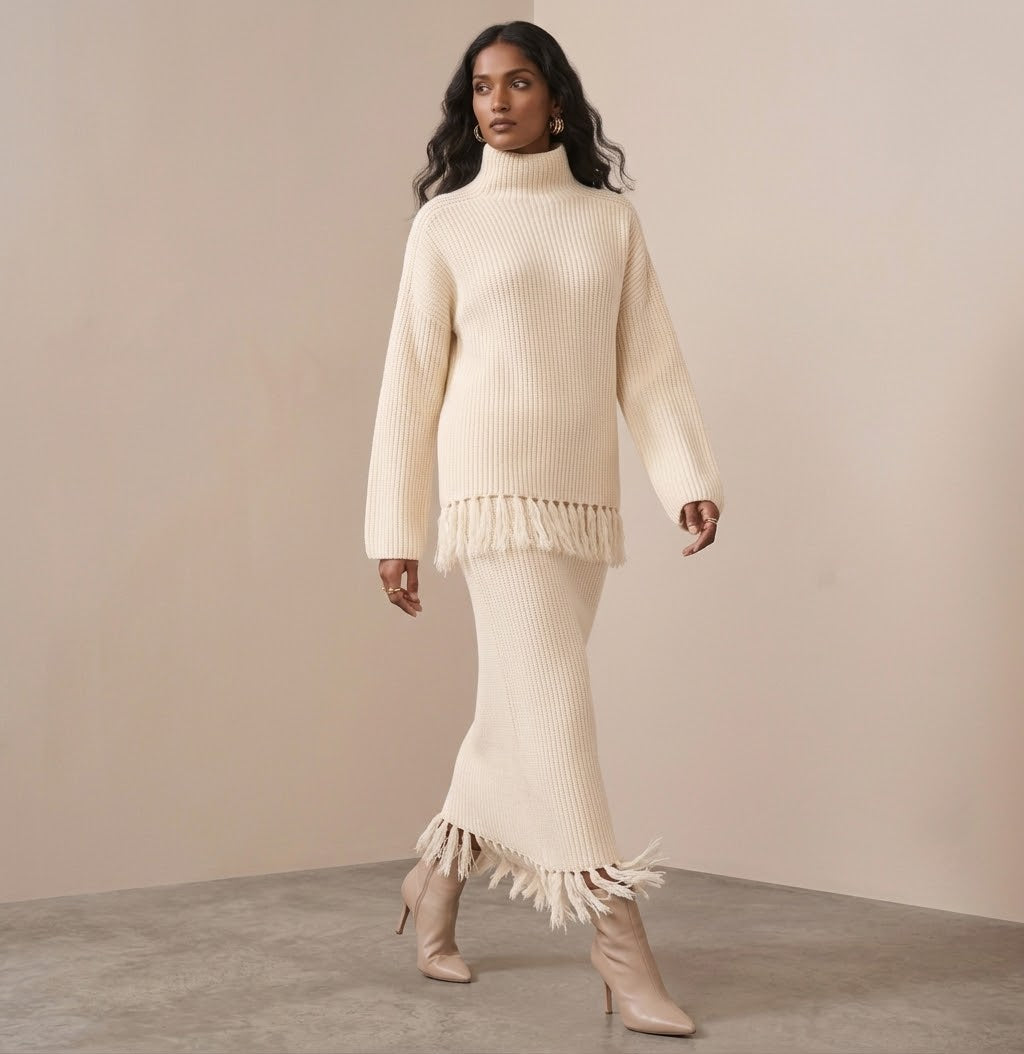 The Vienna Fringe Trimmed Rib-Knit Sweater & Maxi Skirt Set