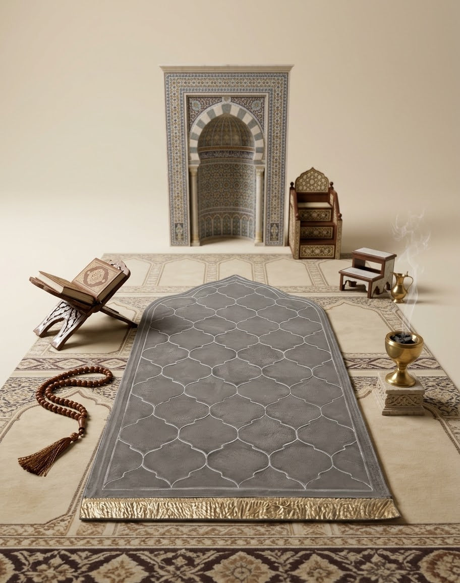 Premium Quilted Arch Motif Padded Prayer Mat – Slate Grey