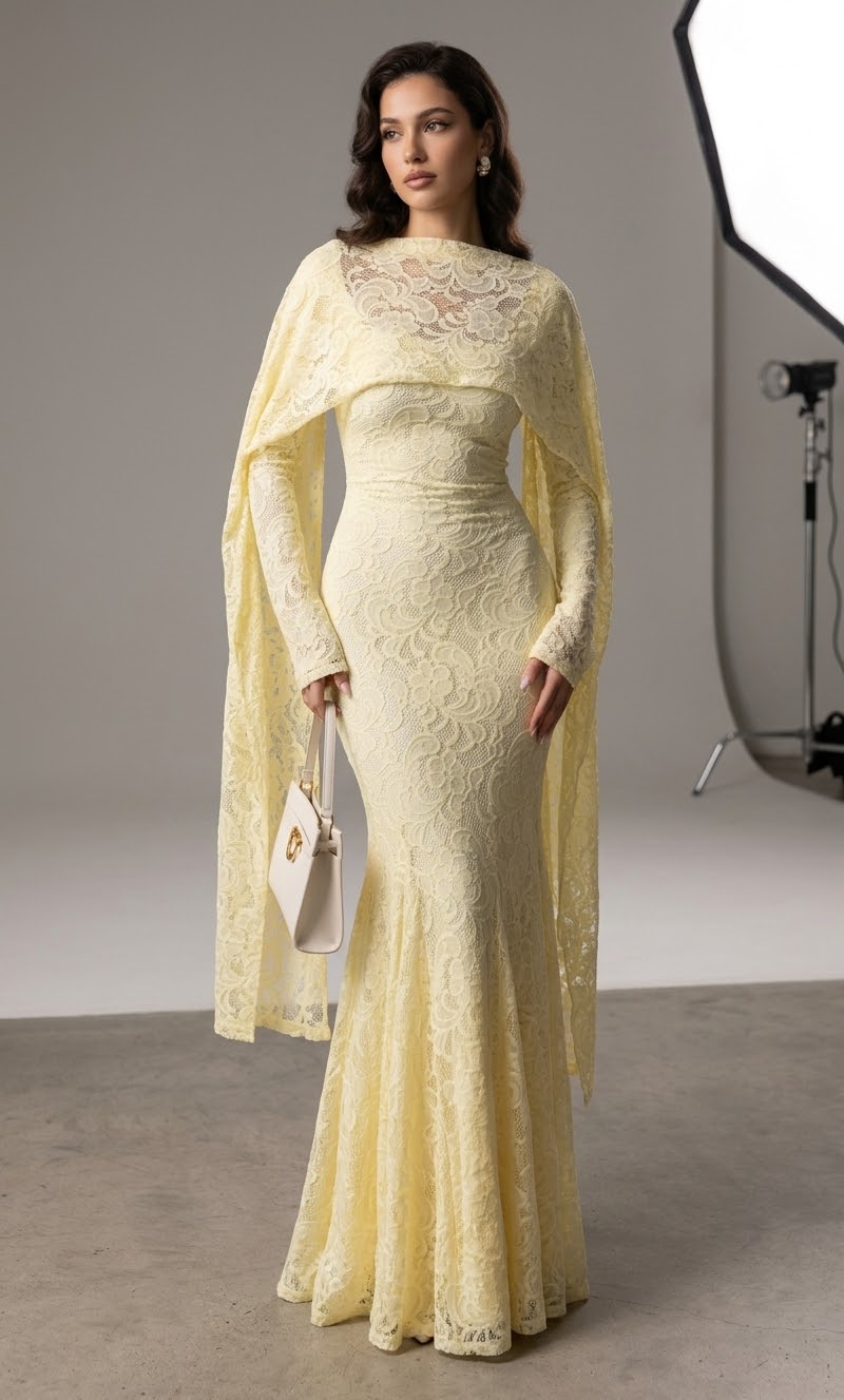The Evangeline Lace Cape-Overlay Maxi Dress