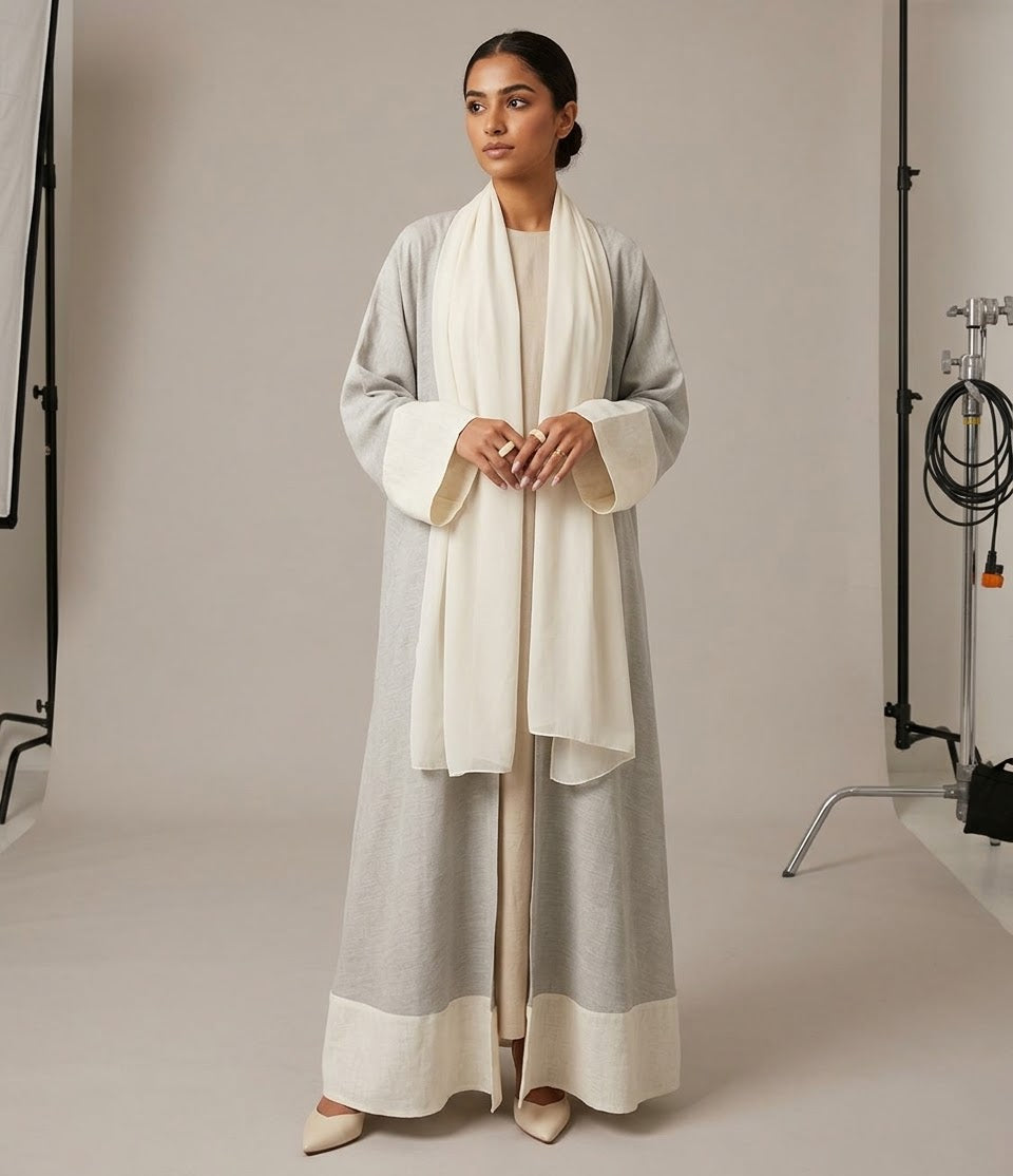 Contrast-Border Linen Abaya Set with Inner Dress & Hijab