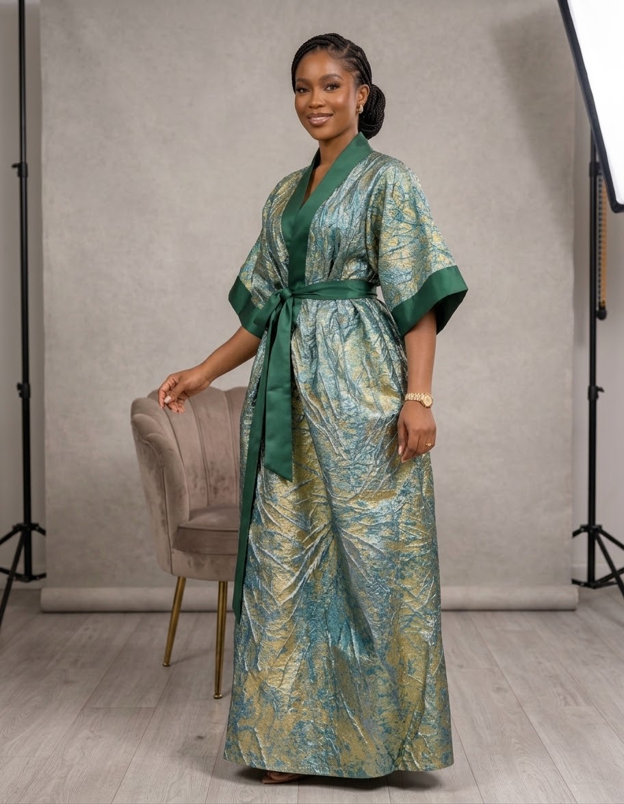 Metallic Textured Jacquard Kimono Wrap Dress