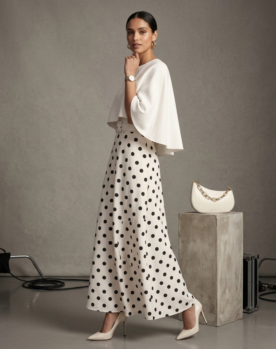 Polka Dot Maxi Dress with Detachable Cape Set