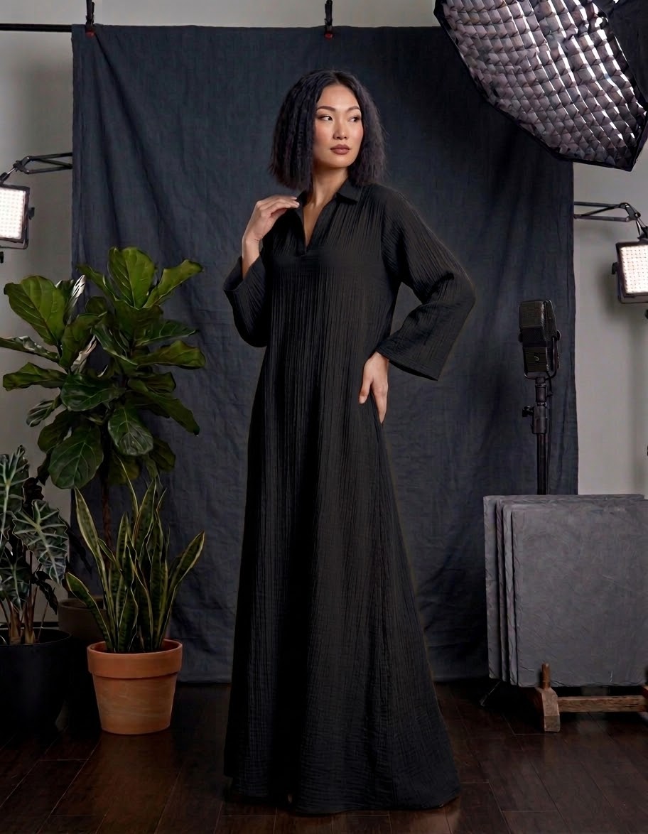 Collared Crinkle Linen-Blend Maxi Kaftan