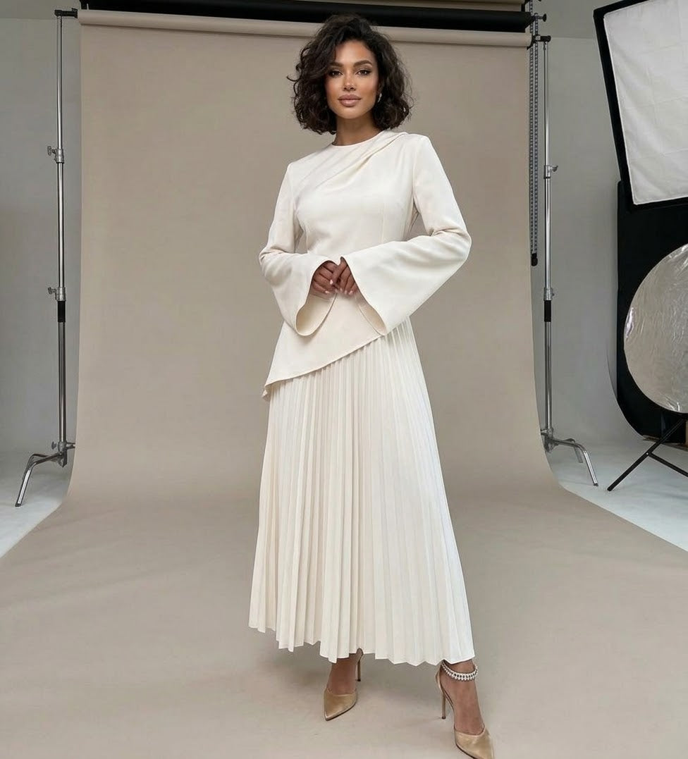 Asymmetric Hem Tunic & Pleated Skirt Two-Piece Set