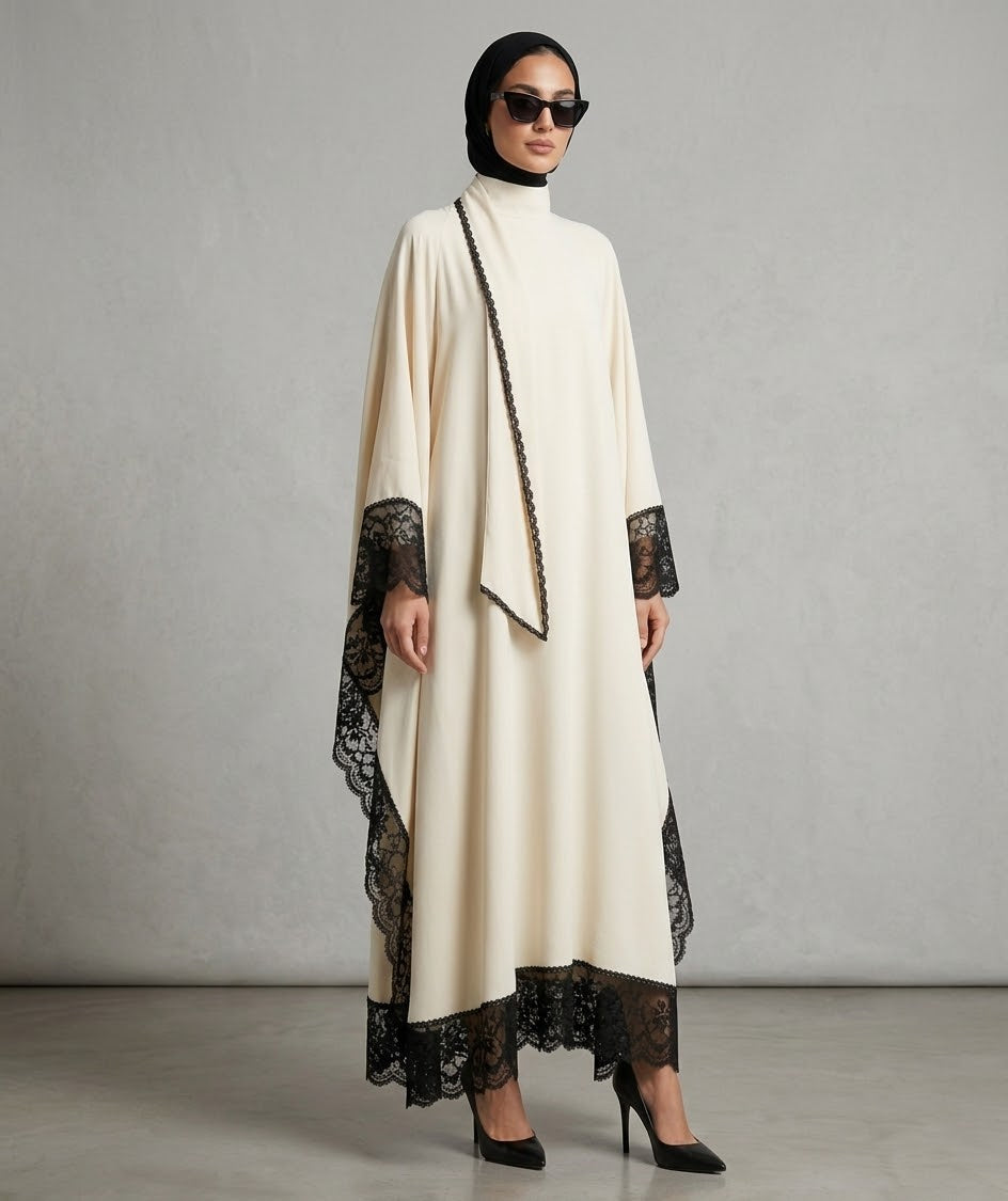 Lace-Trimmed High-Neck Kaftan Abaya Set