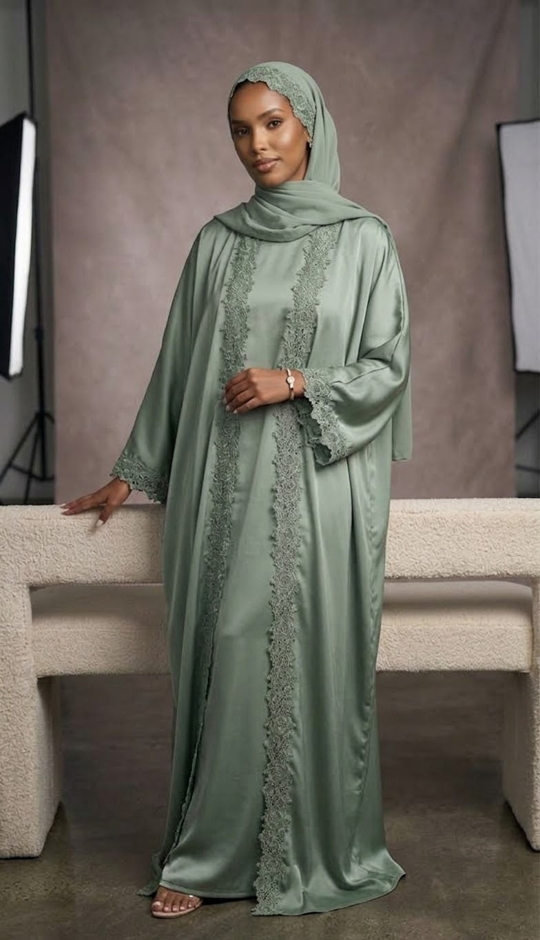 Sage Green Lace-Trimmed Abaya 3-Piece Setg