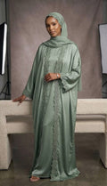 Sage Green Lace-Trimmed Abaya 3-Piece Setg