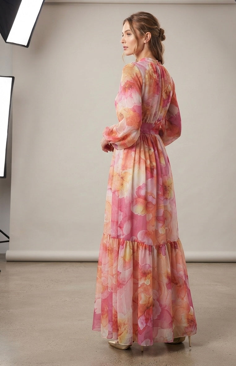 Watercolor Floral Chiffon Tiered Maxi Dress