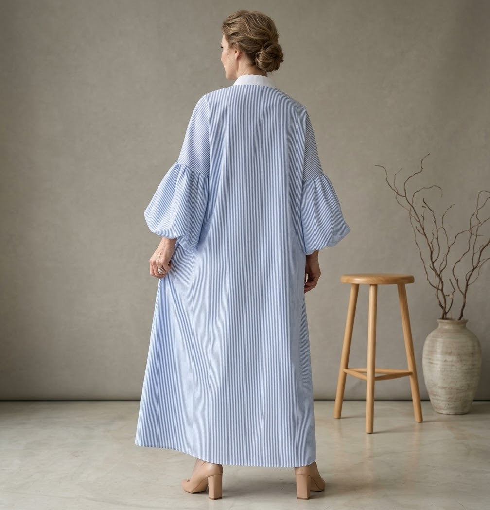 Striped Cotton Balloon-Sleeve Maxi Shirt Abaya