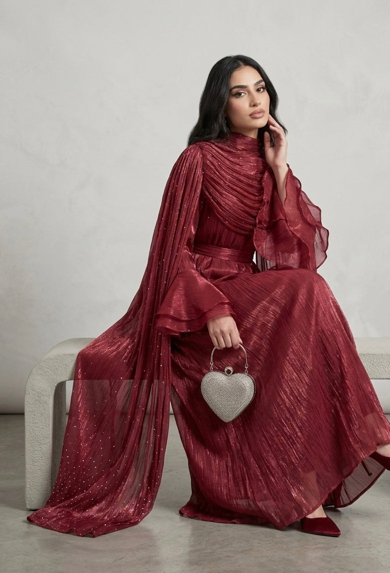 Shimmering Metallic Ruched High-Neck Evening Abaya Dress