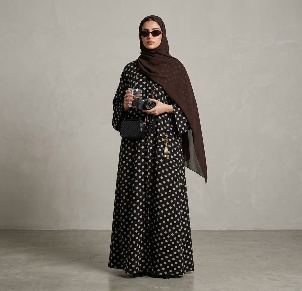 Polka Dot Front-Button Abaya Set with Matching Sheila
