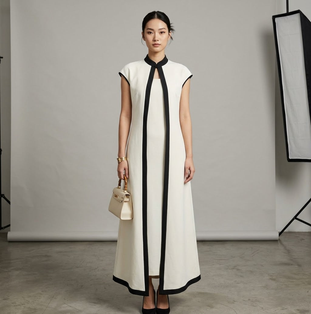 Contrast Piping Sleeveless Vest Abaya Set