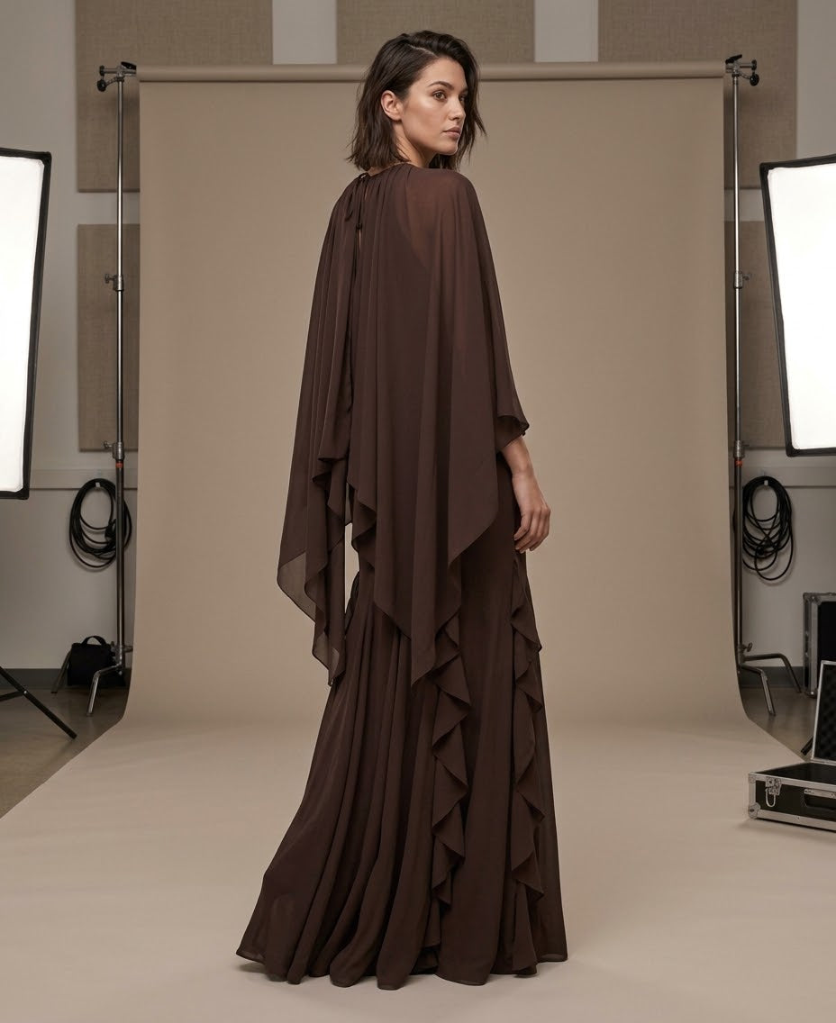 Chiffon Layered Capelet Maxi Dress with Cascade Ruffles