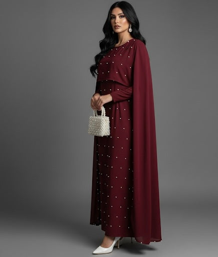Pearl-Embellished Burgundy Cape Maxi Dress
