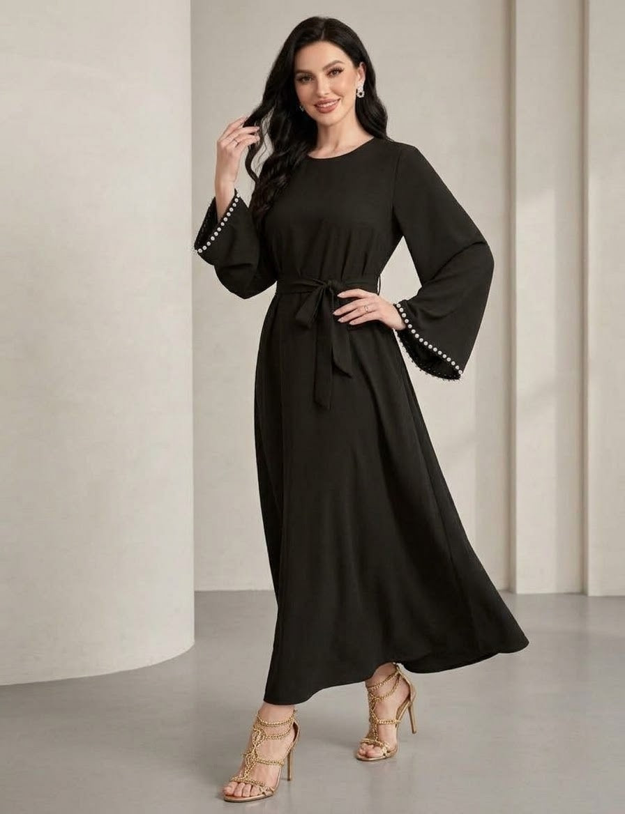 Pearl-Trimmed Long Sleeve Belted Abaya Dress