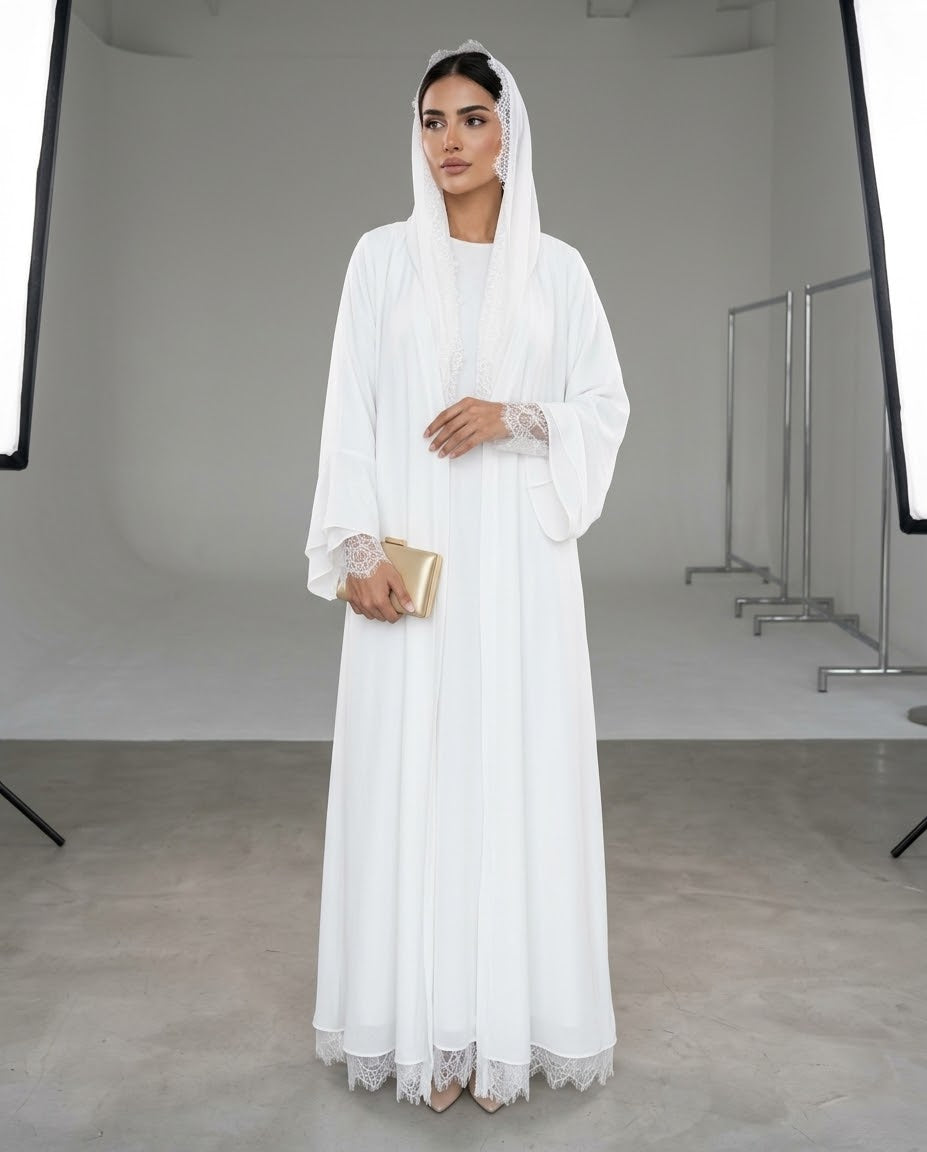 The Nour Eyelash Lace-Trimmed Chiffon Abaya Set