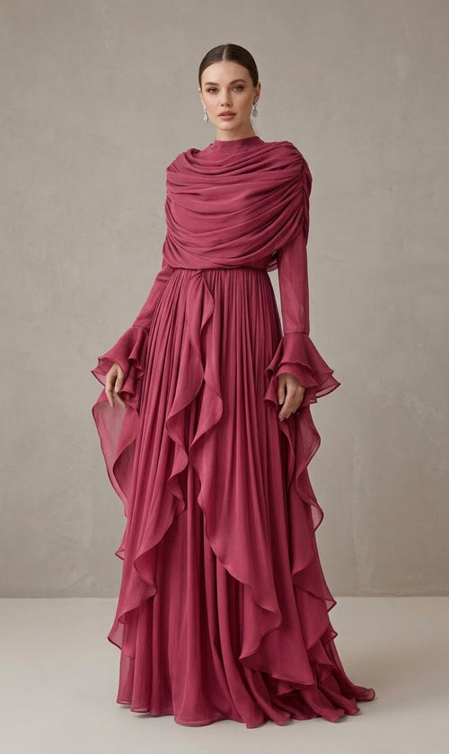 Draped High-Neck Ruched Chiffon Maxi Dress