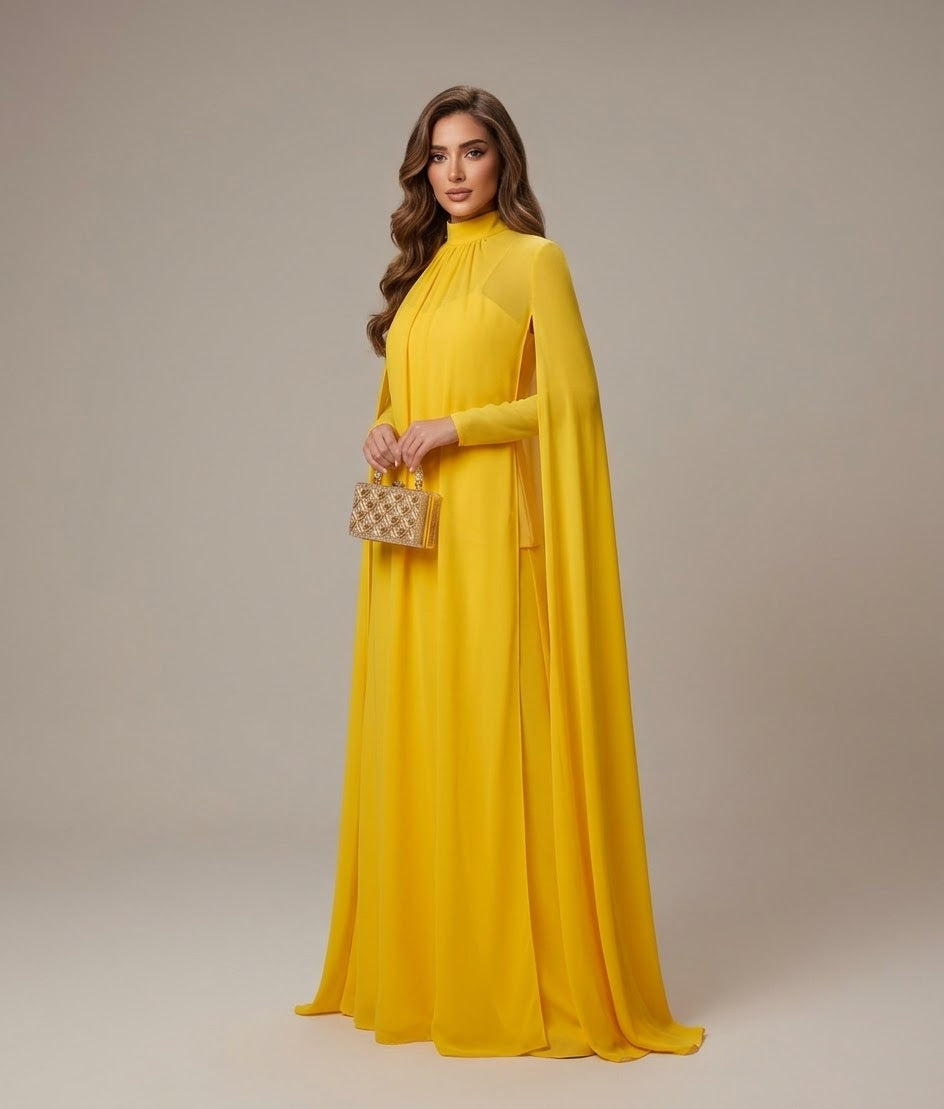 Draped High-Neck Cape Maxi Dress