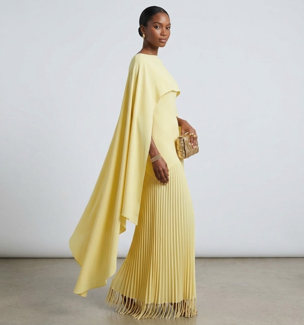 Asymmetric Pleated Cape Maxi Dress with Fringe Hem