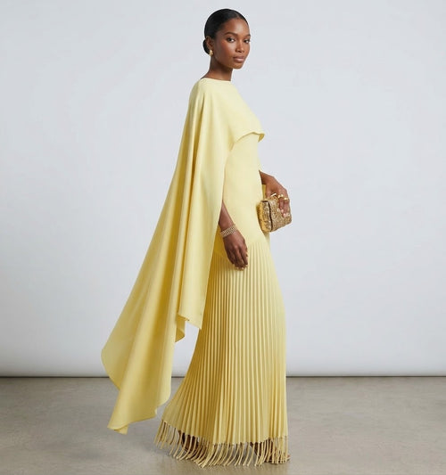 Asymmetric Pleated Cape Maxi Dress with Fringe Hem