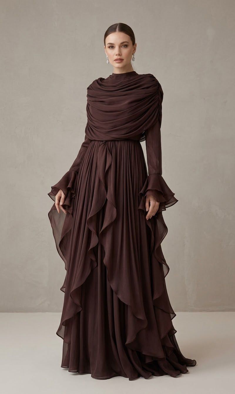 Draped High-Neck Ruched Chiffon Maxi Dress