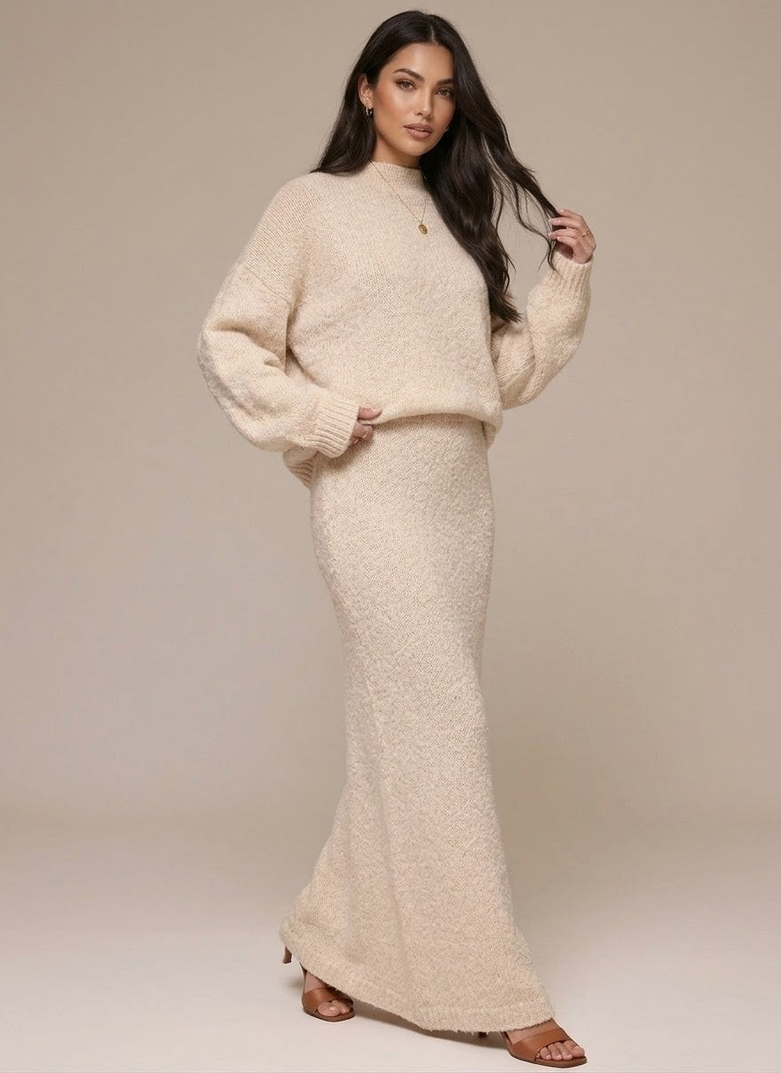 The Stella Chunky Bouclé Knit Sweater & Maxi Skirt Set