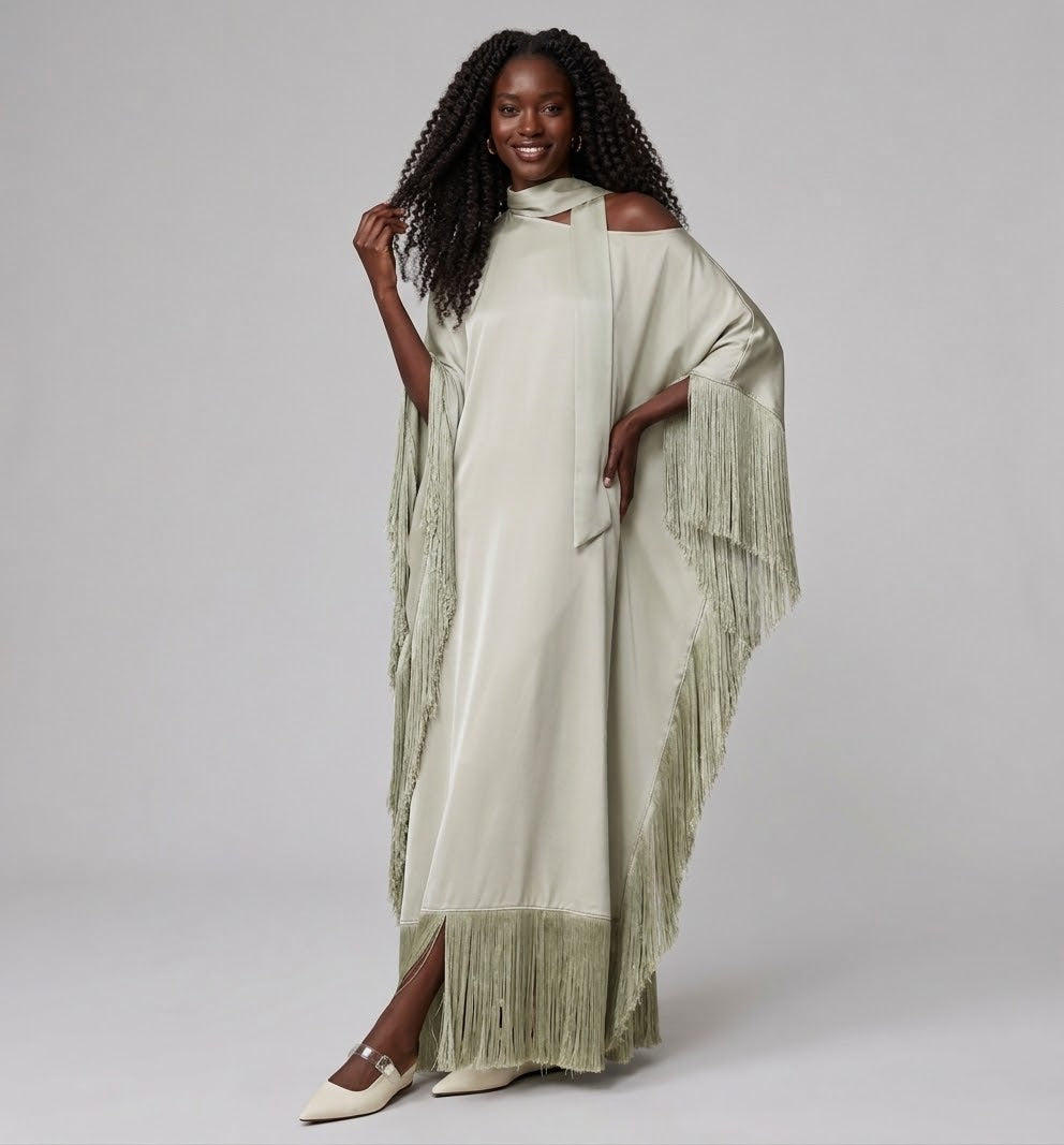 The Zahra Satin Cold-Shoulder Fringe Kaftan