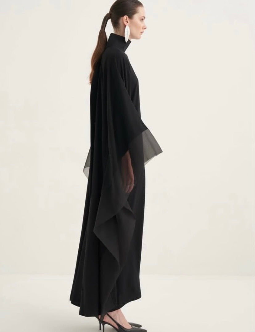 High-Neck Organza-Trimmed Kaftan Abaya Gown
