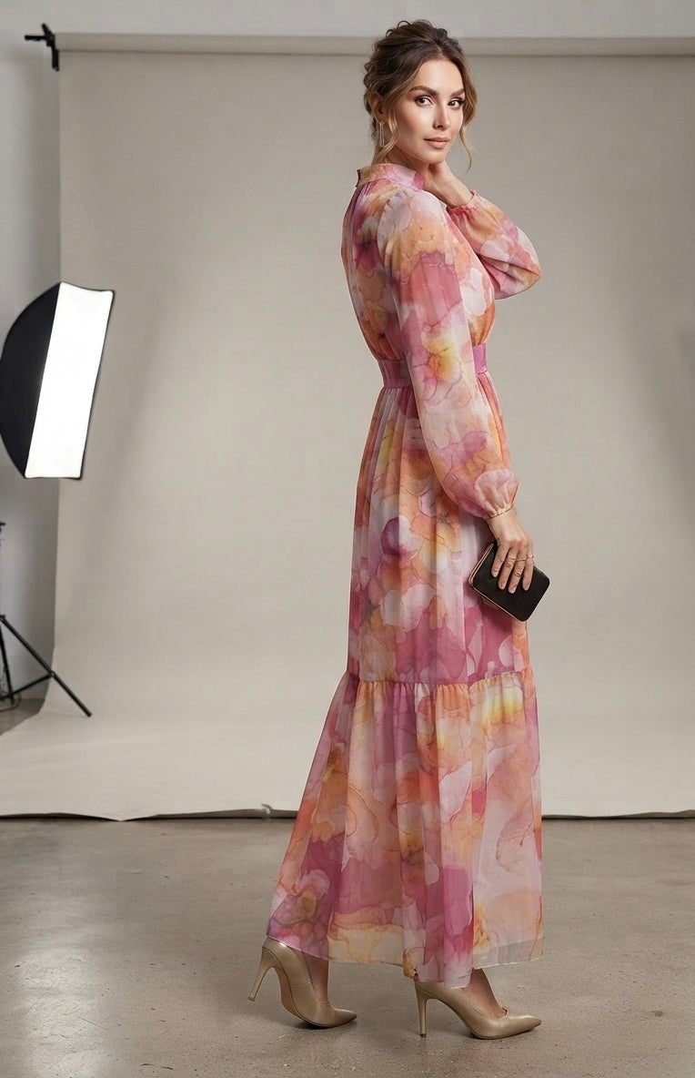 Watercolor Floral Chiffon Tiered Maxi Dress