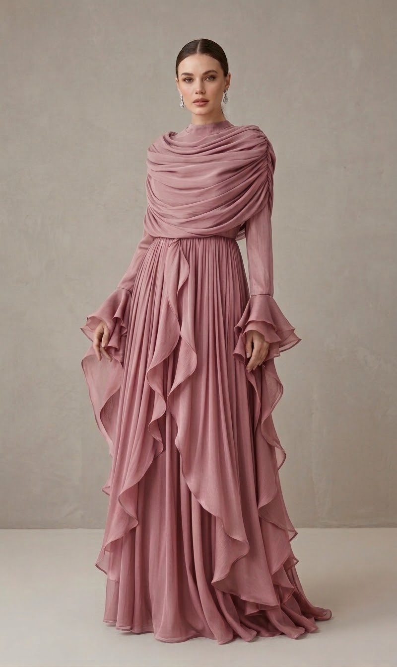 Draped High-Neck Ruched Chiffon Maxi Dress