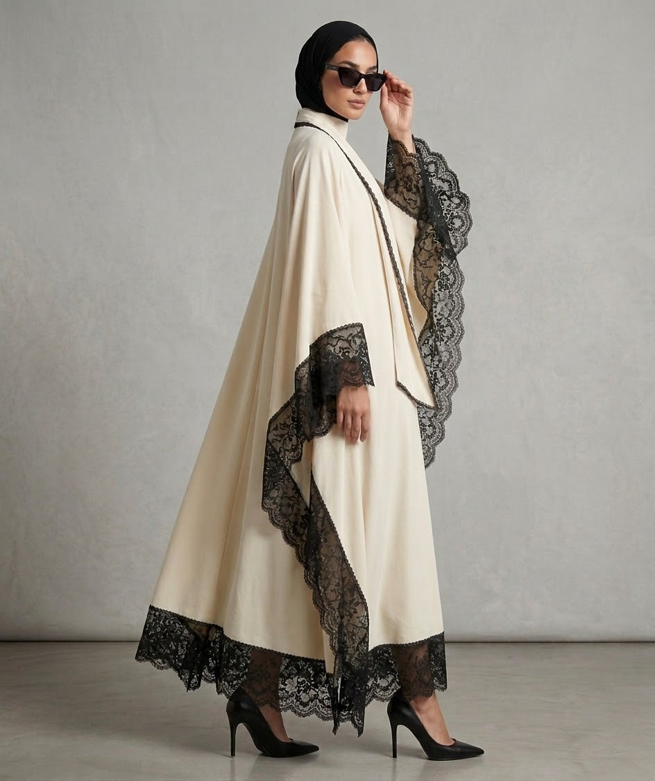 Lace-Trimmed High-Neck Kaftan Abaya Set