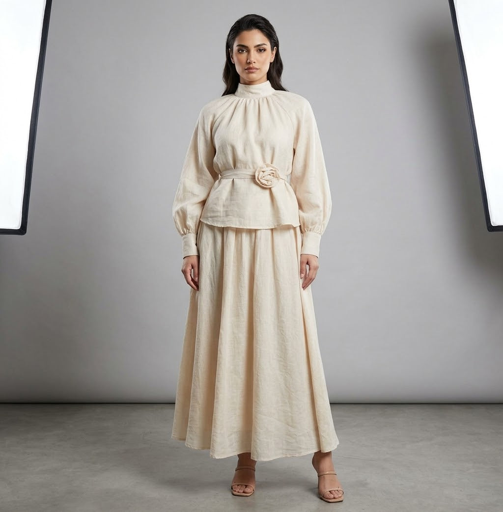 The Isla Rosette-Belted High-Neck Linen Set