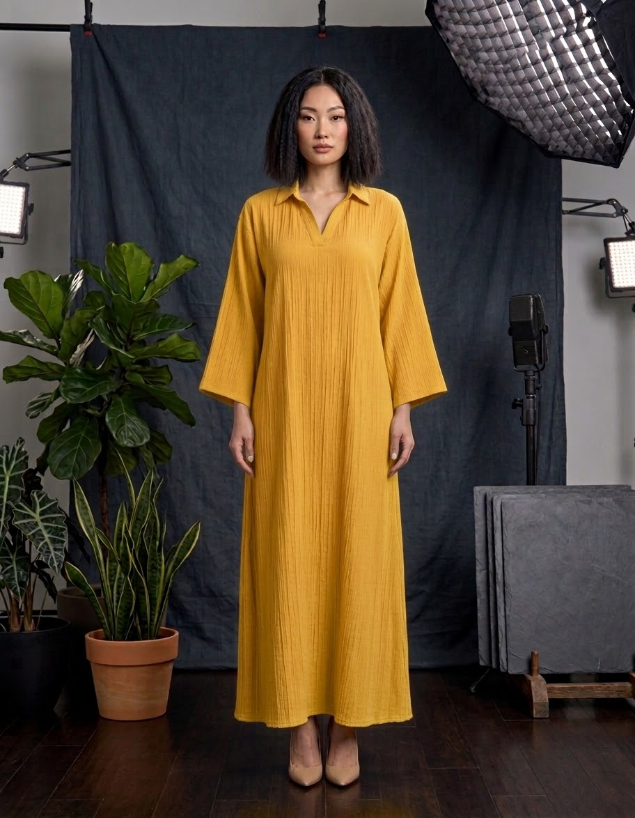 Collared Crinkle Linen-Blend Maxi Kaftan