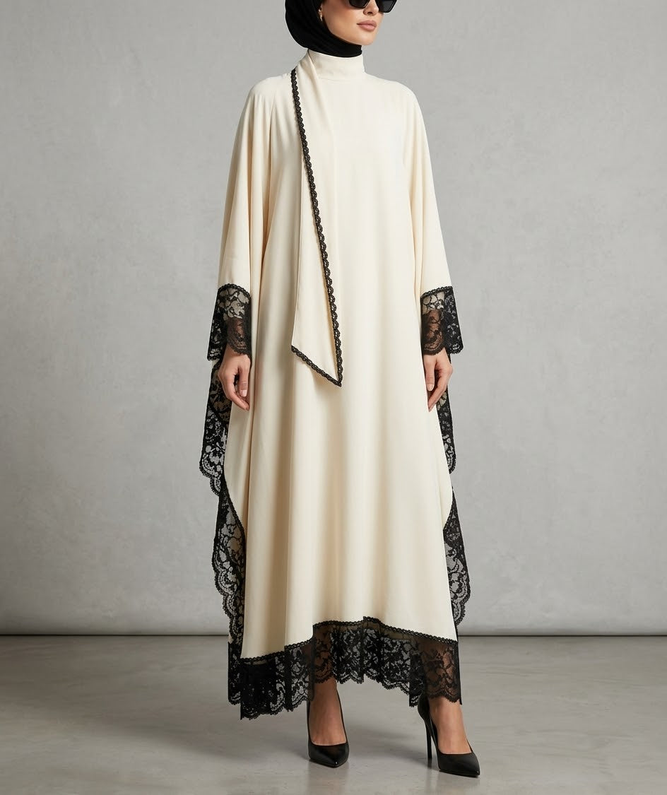 Lace-Trimmed High-Neck Kaftan Abaya Set